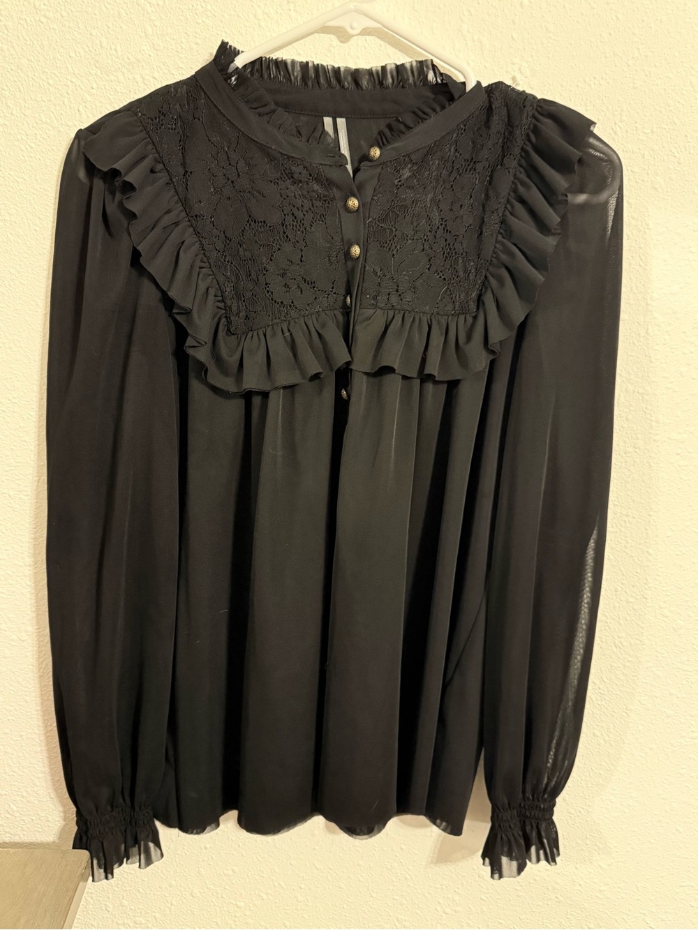 Anthropologie Black Lace-Yoke Ruffle Peasant Blouse